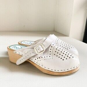Eko Leder White Leather Wood Sole Classic White Clog Slides 36
